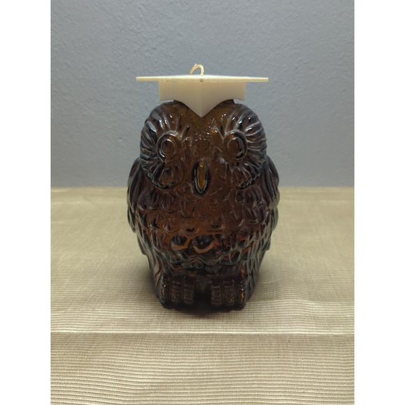 Vintage Libbey Wise Old Owl Amber Glass Coin Bank 6" With Hat - Picture 1 of 9